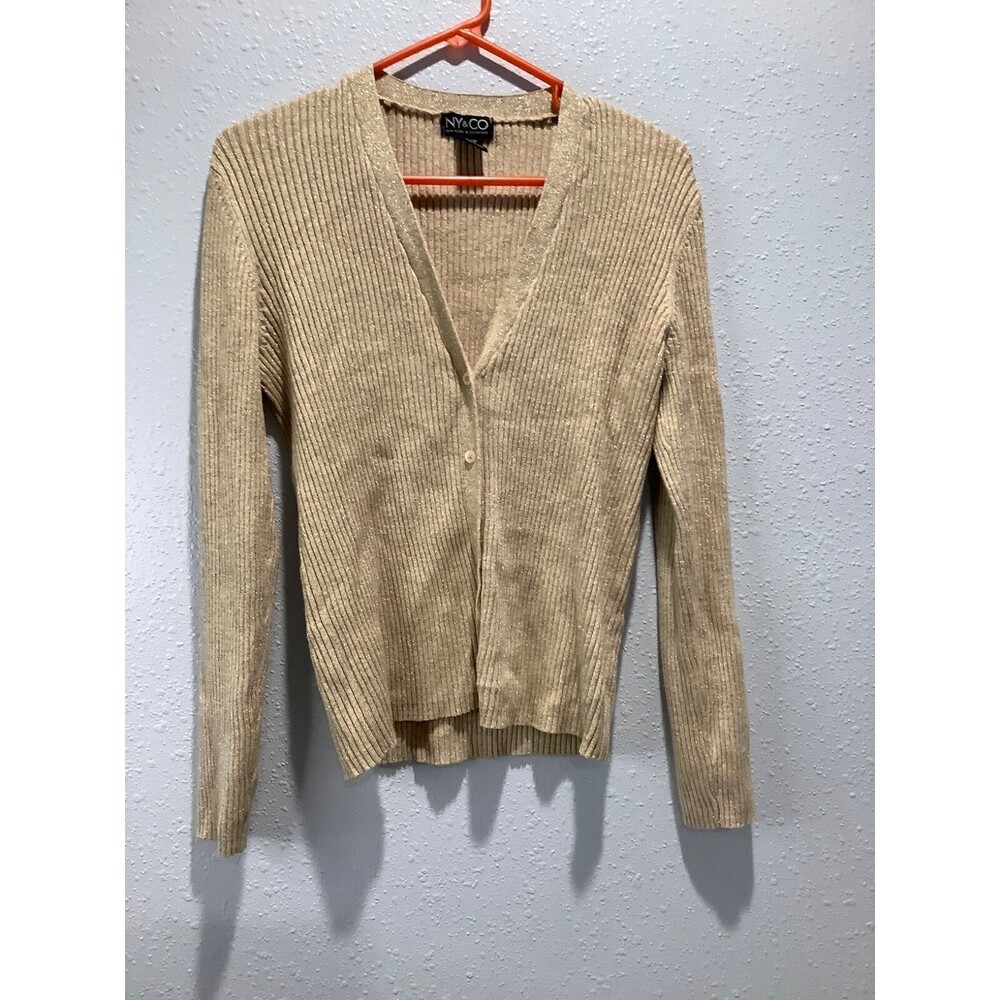 ny & co button up sweater gold shimmer l rayon and nylon metallic